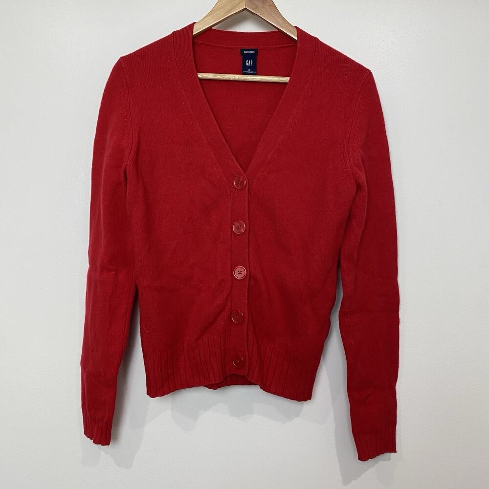 GAP Women's Sz Medium Red V-Neck Button Front Cardigan Minimalist Preppy Teacher